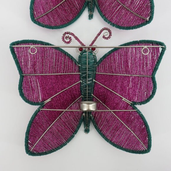 Y2K Set of 2 Beaded Butterfly Wall Sconce Candle Holder Pink Teal 2000s Vintage - Picture 9 of 11